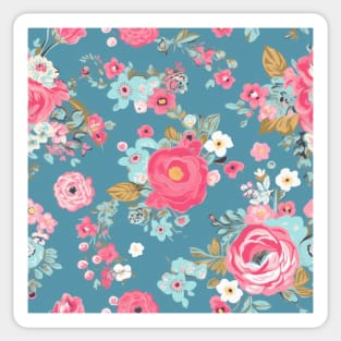 Pink and Blue Shabby Chic  Floral Flowers, Pretty Feminine Pattern on Blue Background Sticker